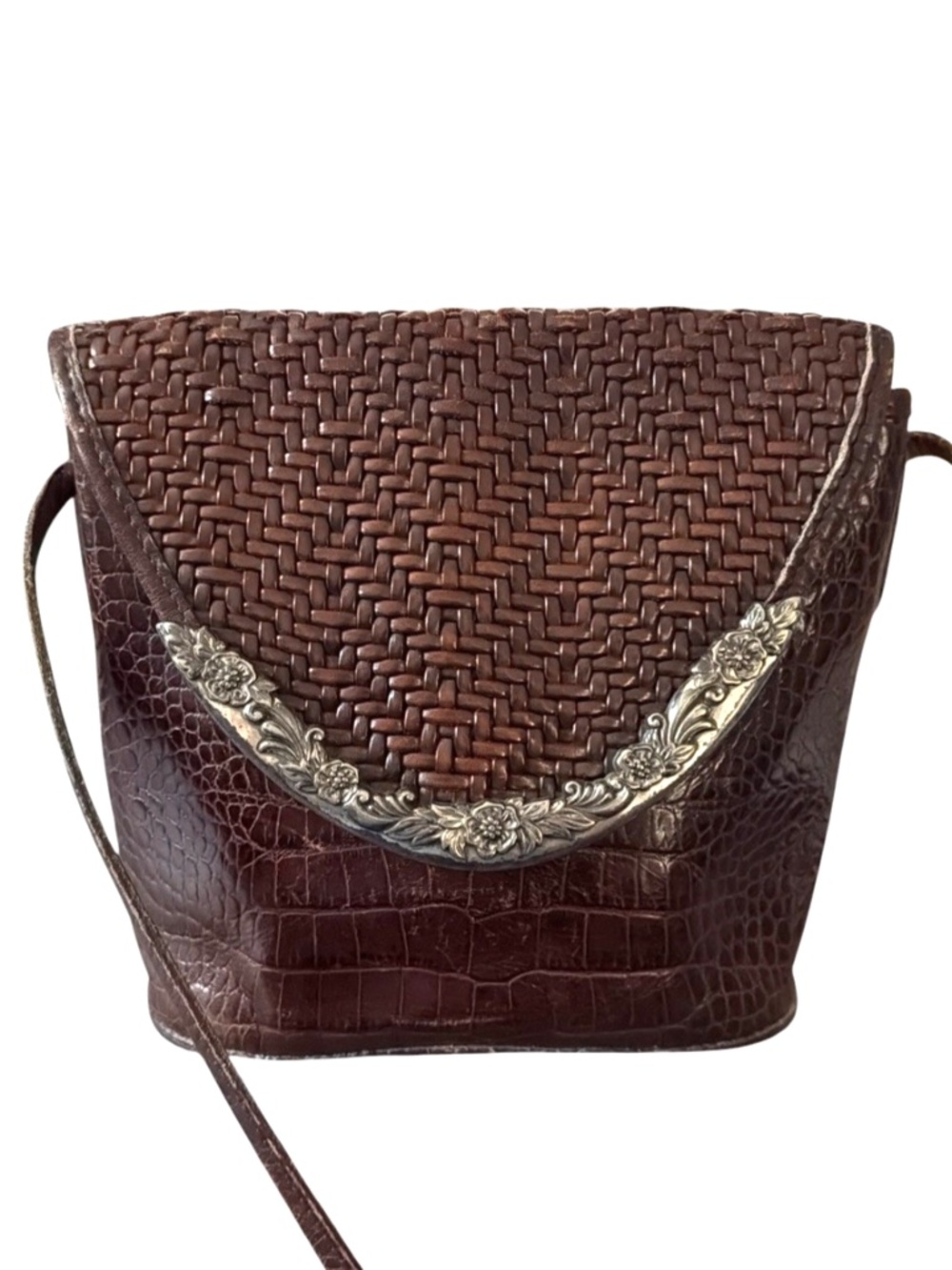 Brighton Brown Leather Woven Croc Crossbody Bag Silver Floral Metal Trim *READ*